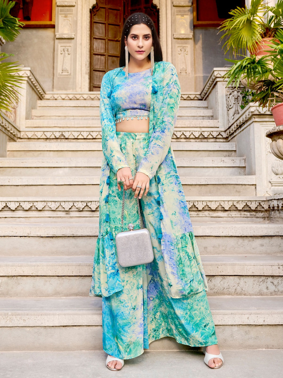 Sky Color Stylish Silk Readymade Palazzo Suit With Koti