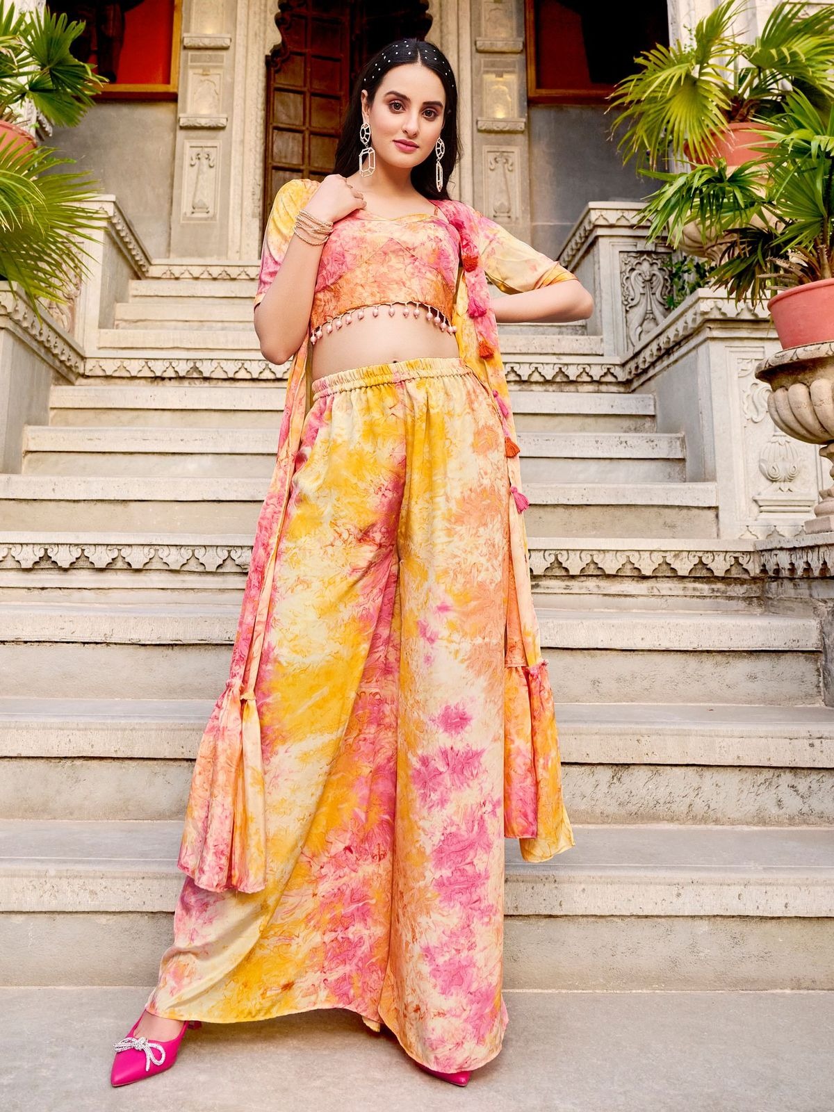 Yellow Color Stylish Silk Readymade Palazzo Suit With Koti