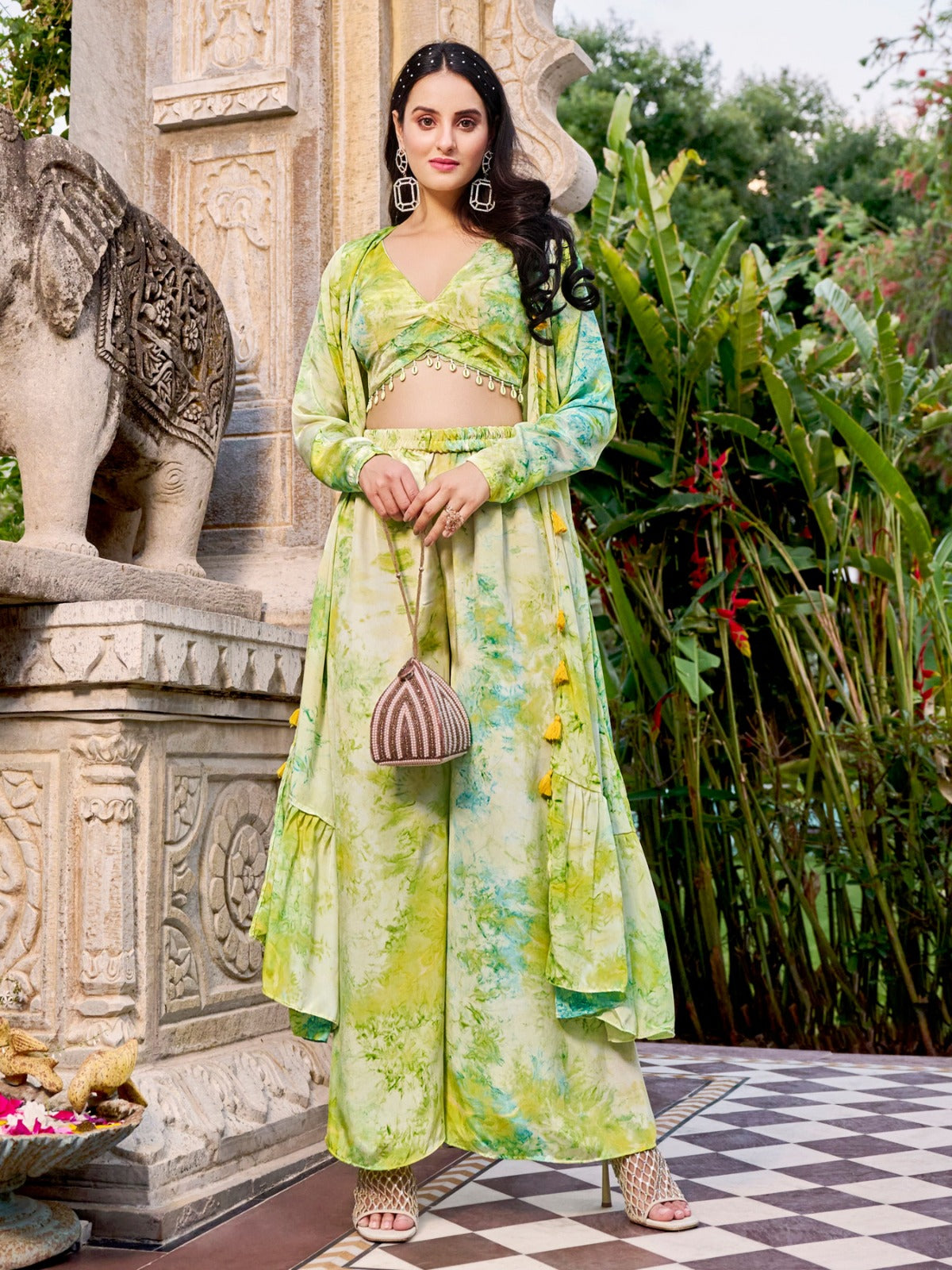 Florescence Green Color Stylish Silk Readymade Palazzo Suit With Koti