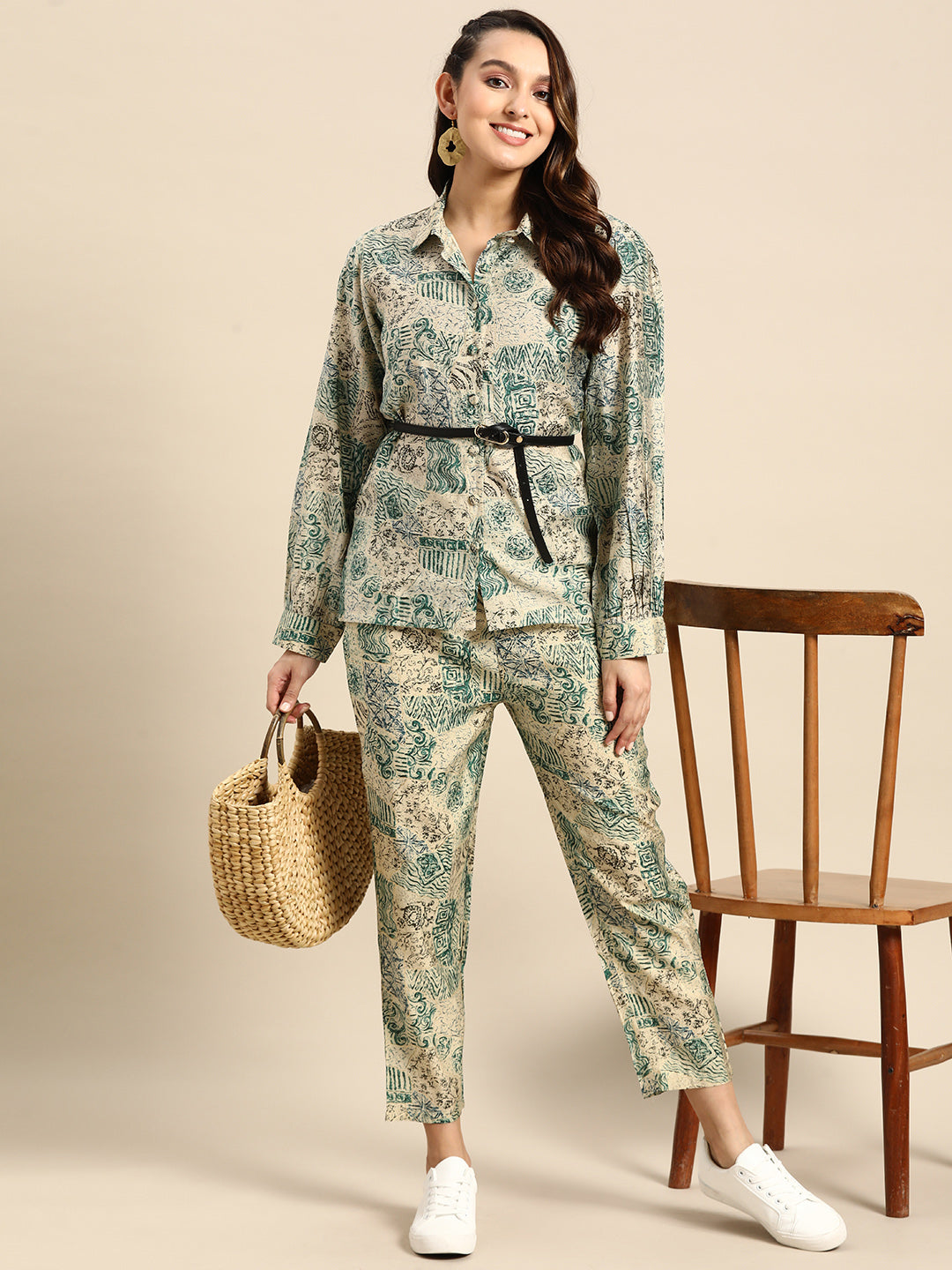 Stylish Green Poly Chanderi Printed Top With Matching Trouser